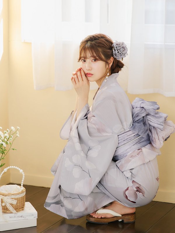 画像4: 【浴衣セール！】【即日発送】アイシーリリーフラワー浴衣【浴衣３点セット 浴衣/帯/下駄】[YMT] (4)