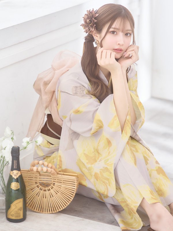 画像10: 【即日発送！】グレージュ×イエローフラワー浴衣【浴衣３点セット 浴衣/帯/下駄】[YMT] (10)