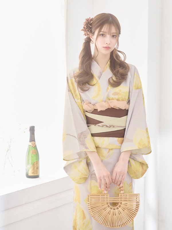 画像15: 【即日発送！】グレージュ×イエローフラワー浴衣【浴衣３点セット 浴衣/帯/下駄】[YMT] (15)