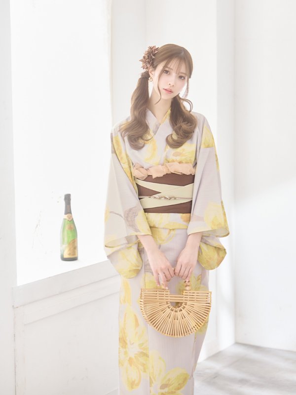 画像16: 【即日発送！】グレージュ×イエローフラワー浴衣【浴衣３点セット 浴衣/帯/下駄】[YMT] (16)