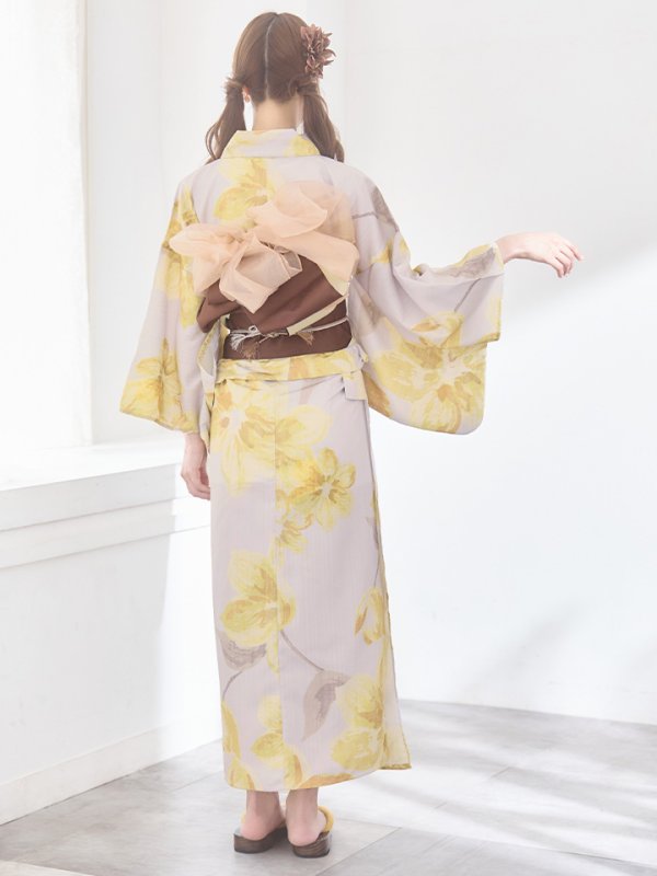 画像17: 【即日発送！】グレージュ×イエローフラワー浴衣【浴衣３点セット 浴衣/帯/下駄】[YMT] (17)
