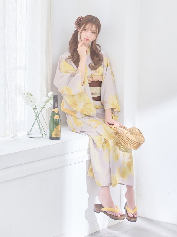 画像5: 【即日発送！】グレージュ×イエローフラワー浴衣【浴衣３点セット 浴衣/帯/下駄】[YMT] (5)