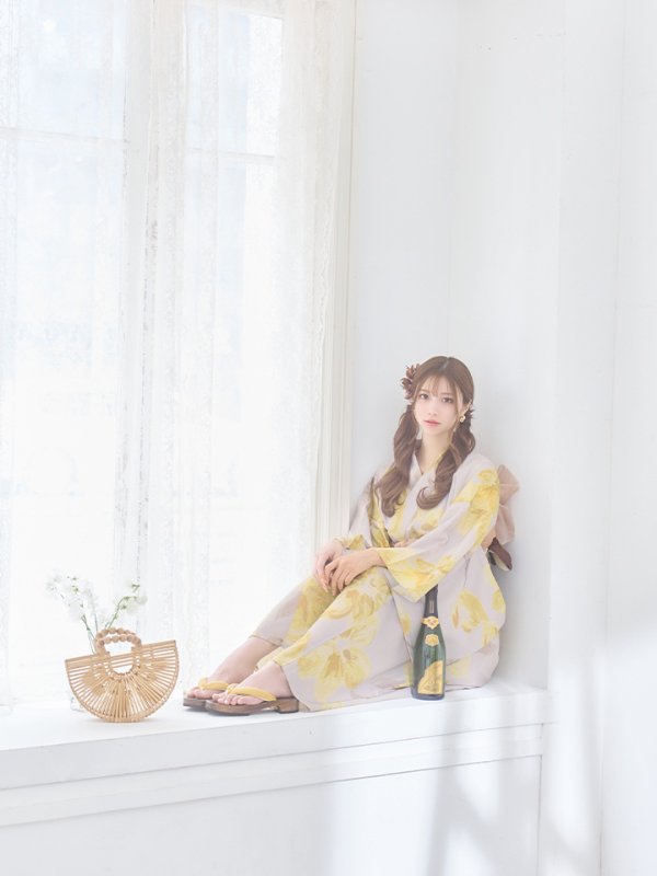 画像6: 【即日発送！】グレージュ×イエローフラワー浴衣【浴衣３点セット 浴衣/帯/下駄】[YMT] (6)