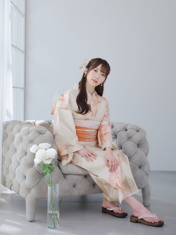 画像12: 【即日発送】ピンクベージュ牡丹浴衣【浴衣３点セット 浴衣/帯/下駄】[YMT] (12)