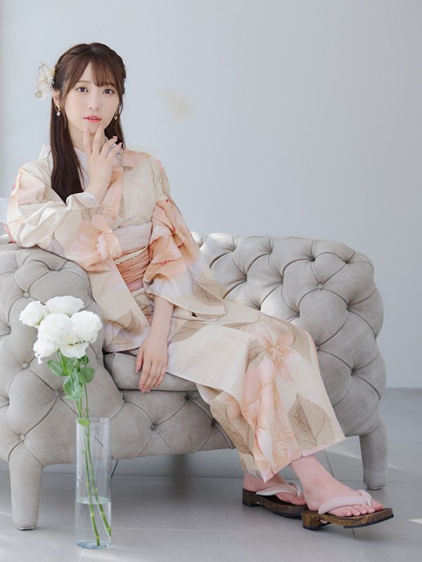 画像13: 【即日発送】ピンクベージュ牡丹浴衣【浴衣３点セット 浴衣/帯/下駄】[YMT] (13)