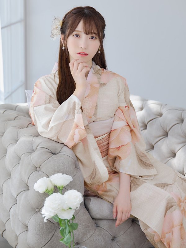 画像14: 【即日発送】ピンクベージュ牡丹浴衣【浴衣３点セット 浴衣/帯/下駄】[YMT] (14)