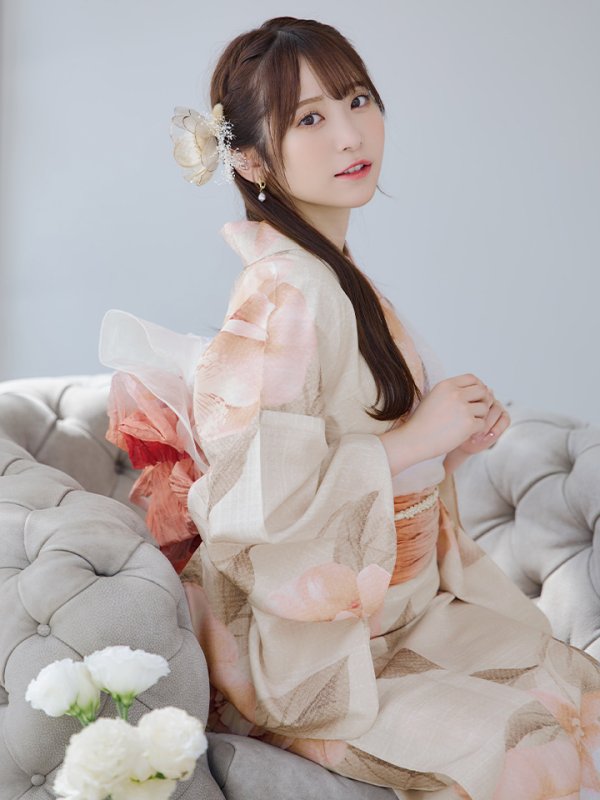 画像15: 【即日発送】ピンクベージュ牡丹浴衣【浴衣３点セット 浴衣/帯/下駄】[YMT] (15)