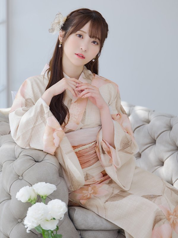 画像2: 【即日発送】ピンクベージュ牡丹浴衣【浴衣３点セット 浴衣/帯/下駄】[YMT] (2)