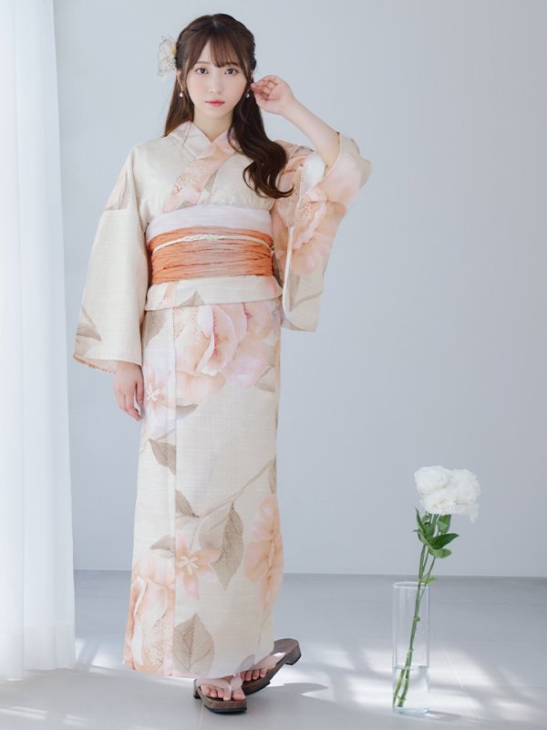 画像3: 【即日発送】ピンクベージュ牡丹浴衣【浴衣３点セット 浴衣/帯/下駄】[YMT] (3)