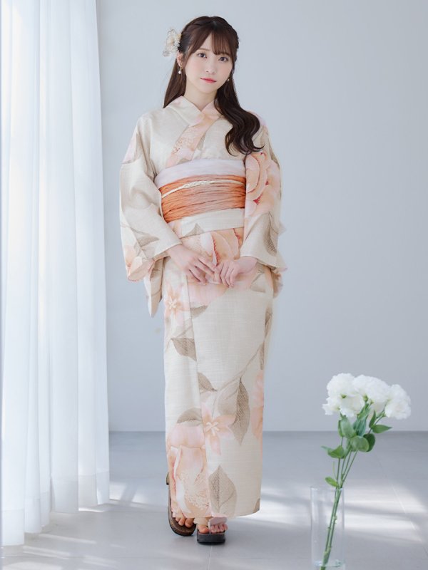 画像4: 【即日発送】ピンクベージュ牡丹浴衣【浴衣３点セット 浴衣/帯/下駄】[YMT] (4)