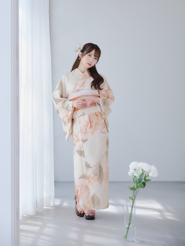 画像5: 【即日発送】ピンクベージュ牡丹浴衣【浴衣３点セット 浴衣/帯/下駄】[YMT] (5)