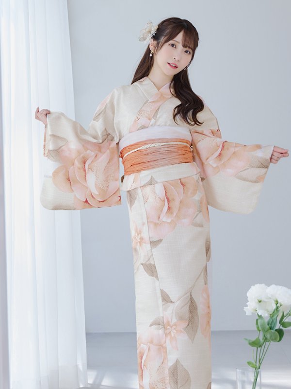 画像6: 【即日発送】ピンクベージュ牡丹浴衣【浴衣３点セット 浴衣/帯/下駄】[YMT] (6)