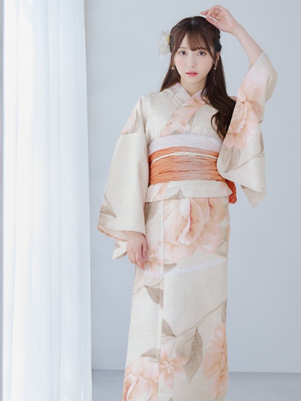 画像7: 【即日発送】ピンクベージュ牡丹浴衣【浴衣３点セット 浴衣/帯/下駄】[YMT] (7)
