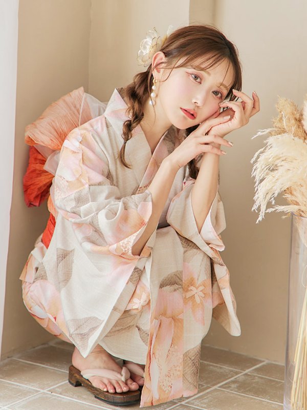 画像1: 【即日発送！】ピンクベージュ牡丹浴衣 OBI-g-500-kj-4-OR / HIMO-900-yn-5-IV / HEKO-800-sb-5-WH / YA-594-kj-CL / YA-1081-kj-BR / GETA-01-kj-7-P/ [YMT] (1)
