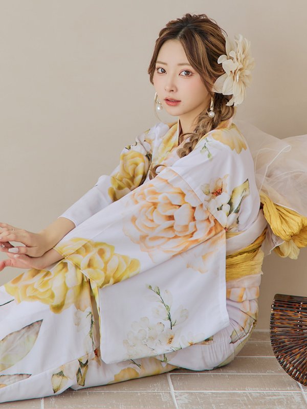 画像14: 【即日発送】アンニュイイエローフラワー浴衣【浴衣３点セット 浴衣/帯/下駄】[YMT] (14)