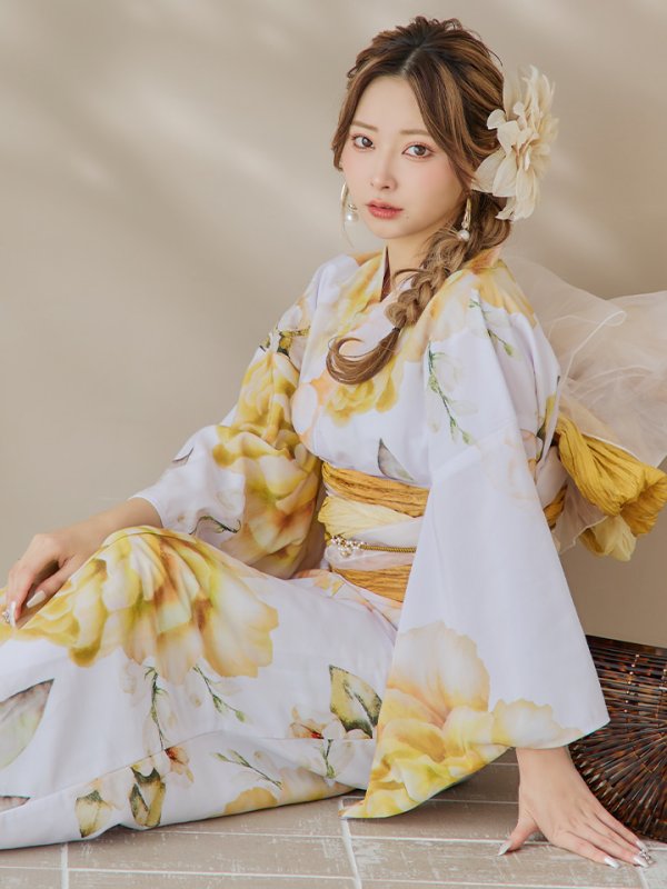 画像3: 【即日発送】アンニュイイエローフラワー浴衣【浴衣３点セット 浴衣/帯/下駄】[YMT] (3)