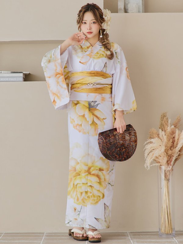 画像4: 【即日発送】アンニュイイエローフラワー浴衣【浴衣３点セット 浴衣/帯/下駄】[YMT] (4)