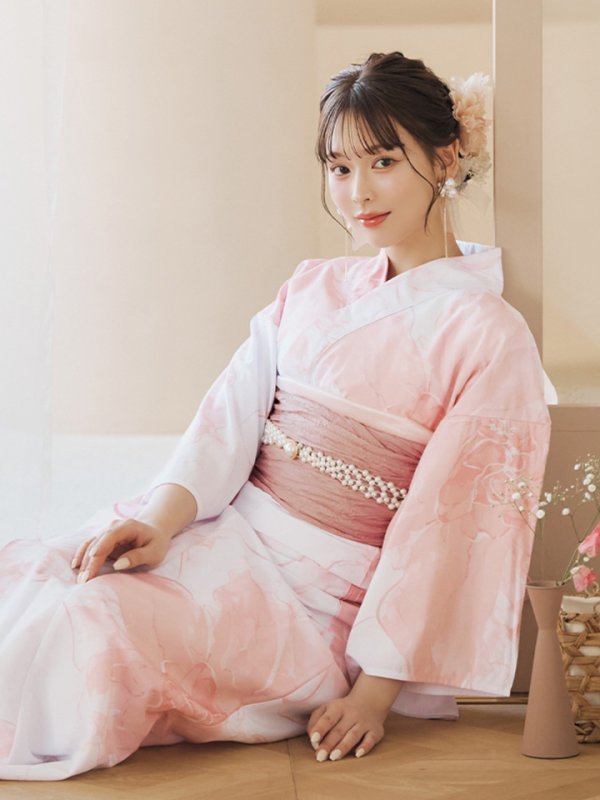 画像2: 【即日発送】ニュアンスピンクフラワー浴衣【浴衣３点セット 浴衣/帯/下駄】[YMT] (2)