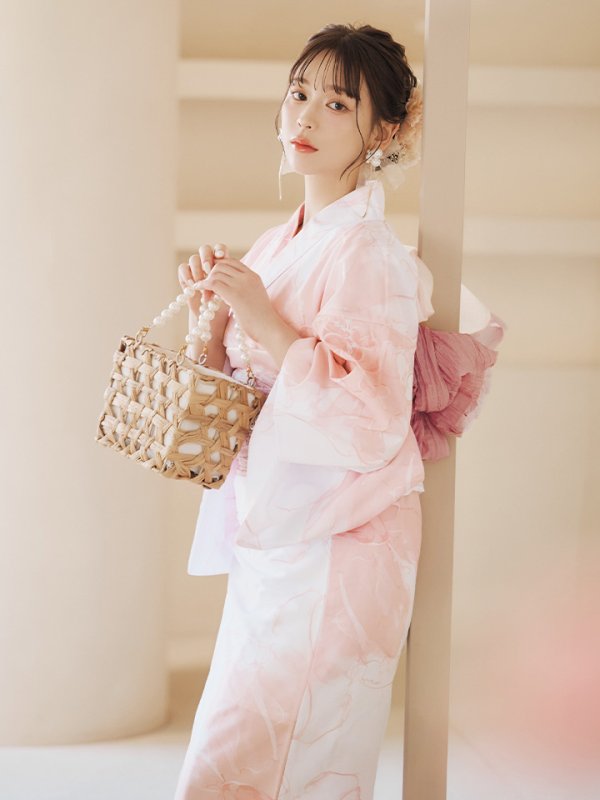 画像3: 【即日発送】ニュアンスピンクフラワー浴衣【浴衣３点セット 浴衣/帯/下駄】[YMT] (3)