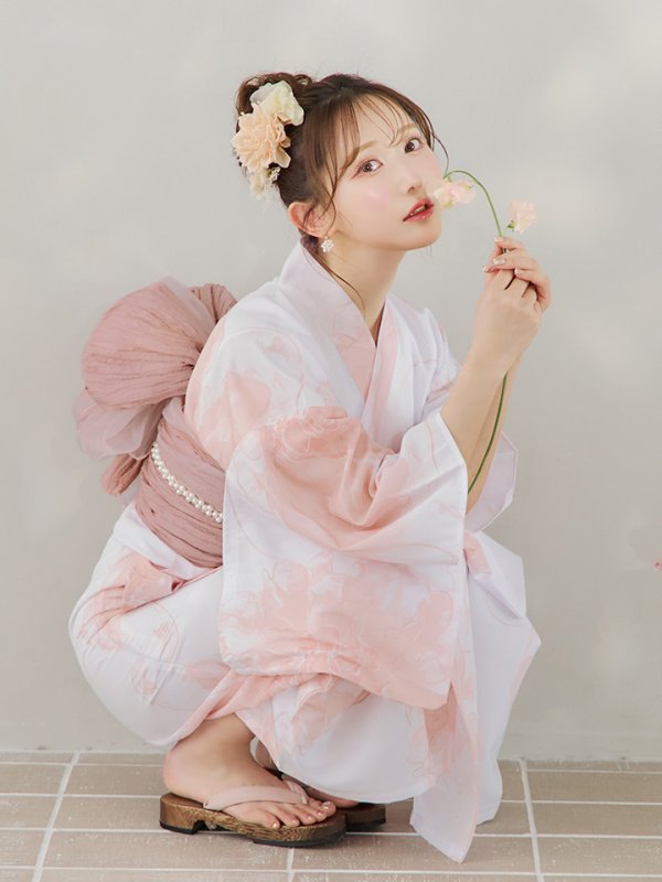 画像8: 【即日発送】ニュアンスピンクフラワー浴衣【浴衣３点セット 浴衣/帯/下駄】[YMT] (8)