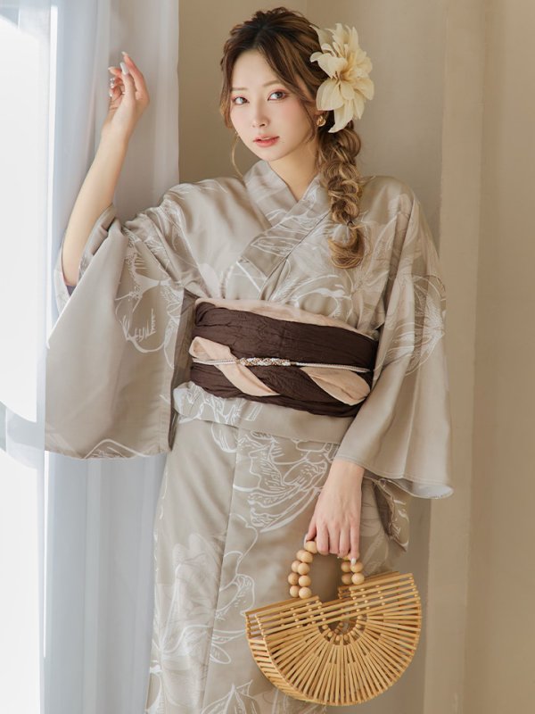 画像14: 【即日発送】ニュアンスフラワーベージュ浴衣【浴衣３点セット 浴衣/帯/下駄】[OF04] (14)