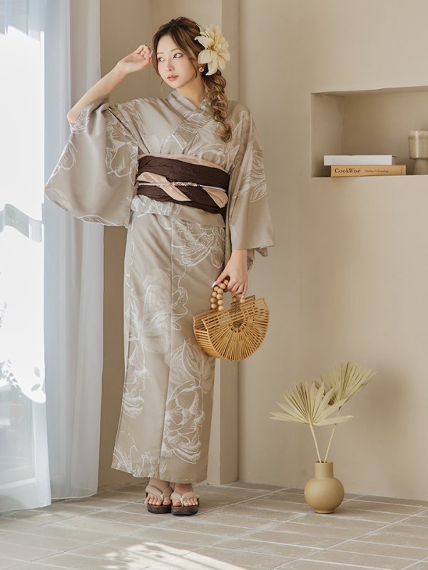 画像18: 【即日発送】ニュアンスフラワーベージュ浴衣【浴衣３点セット 浴衣/帯/下駄】[OF04] (18)