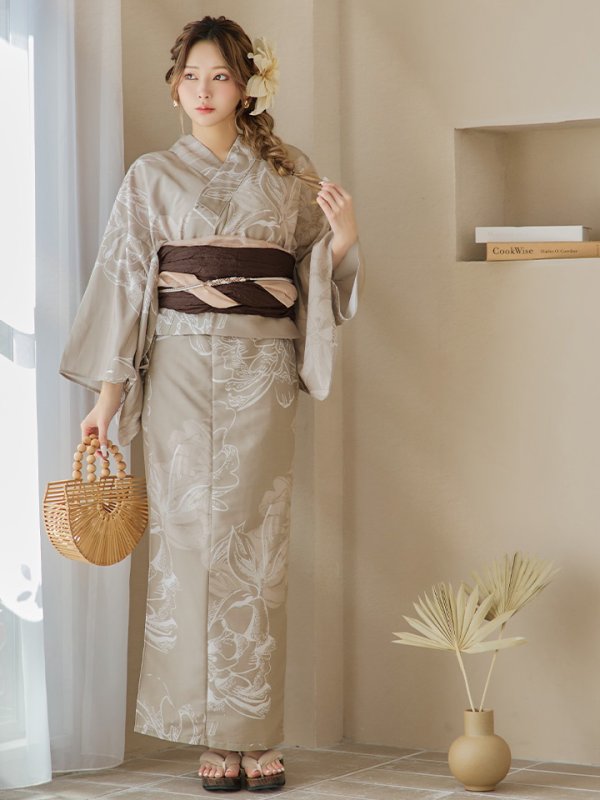 画像2: 【即日発送】ニュアンスフラワーベージュ浴衣【浴衣３点セット 浴衣/帯/下駄】[OF04] (2)