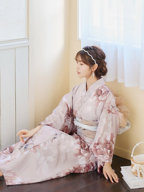画像11: 【即日発送】くすみピンクアンティークフラワー浴衣【浴衣３点セット 浴衣/帯/下駄】[YMT] (11)
