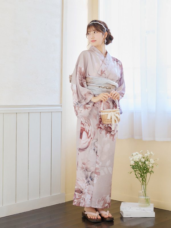 画像16: 【即日発送】くすみピンクアンティークフラワー浴衣【浴衣３点セット 浴衣/帯/下駄】[YMT] (16)