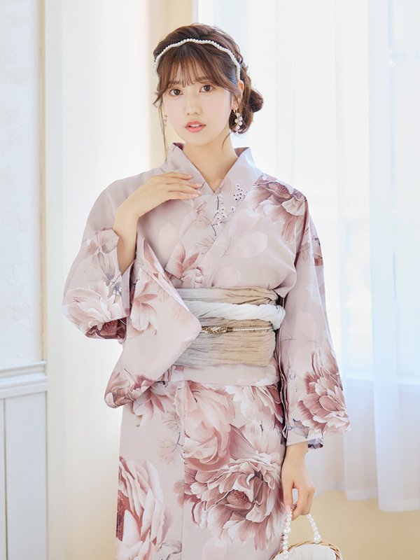 画像2: 【即日発送】くすみピンクアンティークフラワー浴衣【浴衣３点セット 浴衣/帯/下駄】[YMT] (2)