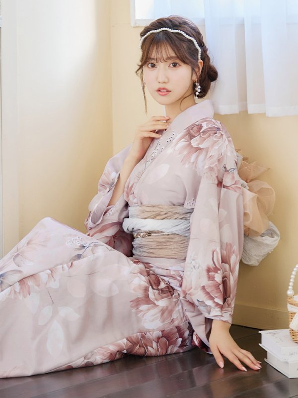 画像3: 【即日発送】くすみピンクアンティークフラワー浴衣【浴衣３点セット 浴衣/帯/下駄】[YMT] (3)