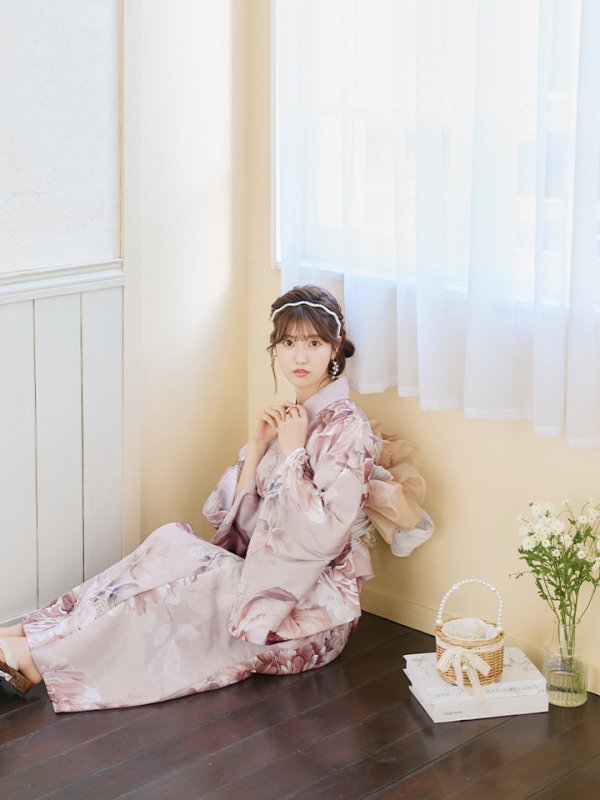 画像5: 【即日発送】くすみピンクアンティークフラワー浴衣【浴衣３点セット 浴衣/帯/下駄】[YMT] (5)