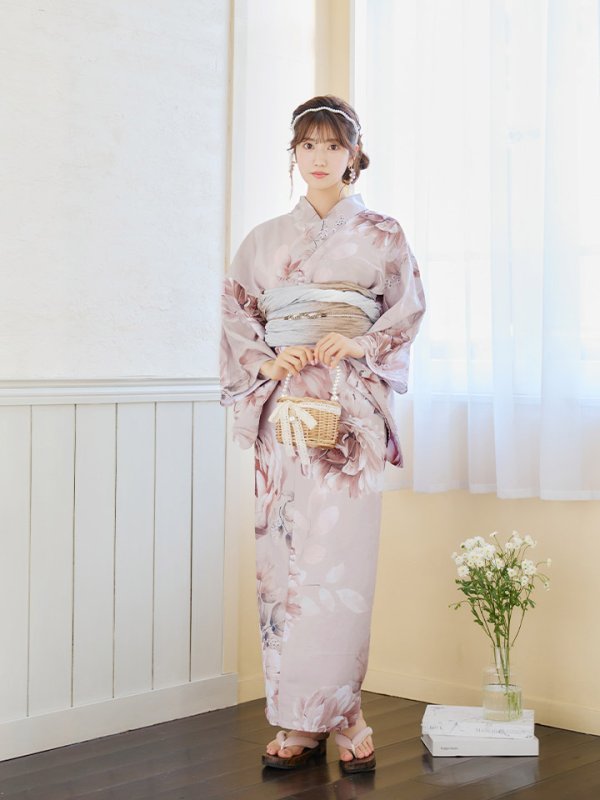 画像8: 【即日発送】くすみピンクアンティークフラワー浴衣【浴衣３点セット 浴衣/帯/下駄】[YMT] (8)