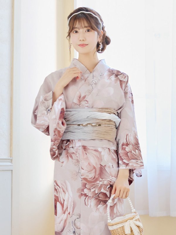画像9: 【即日発送】くすみピンクアンティークフラワー浴衣【浴衣３点セット 浴衣/帯/下駄】[YMT] (9)