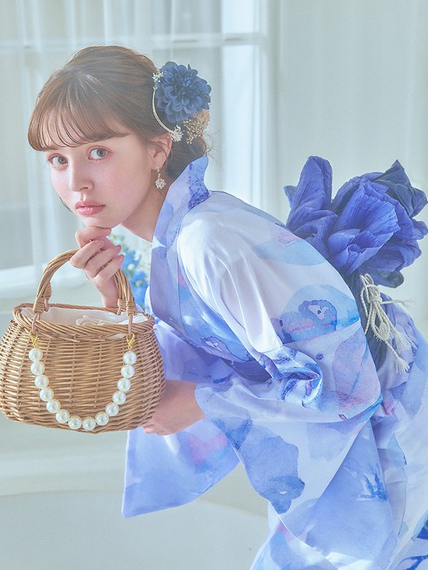 画像10: 【即日発送】水彩フラワーブルー浴衣【浴衣３点セット 浴衣/帯/下駄】[YMT] (10)
