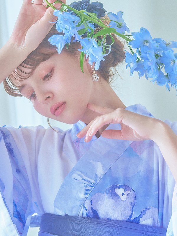 画像14: 【即日発送】水彩フラワーブルー浴衣【浴衣３点セット 浴衣/帯/下駄】[YMT] (14)
