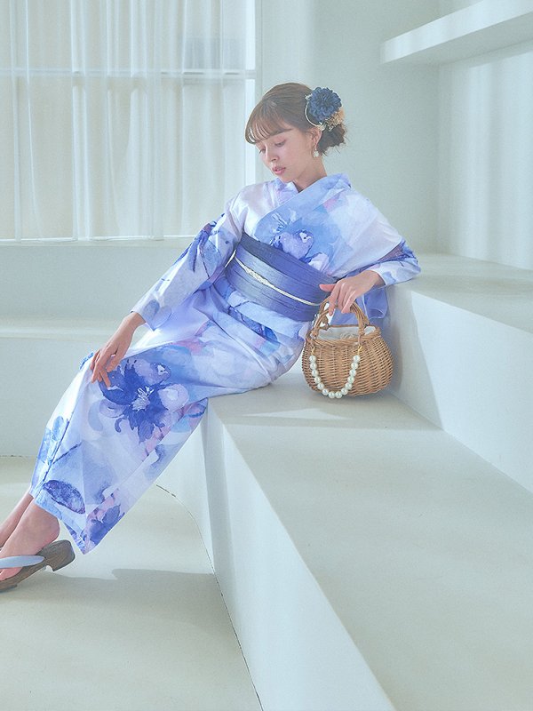 画像15: 【即日発送】水彩フラワーブルー浴衣【浴衣３点セット 浴衣/帯/下駄】[YMT] (15)