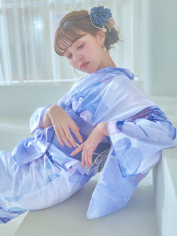 画像16: 【即日発送】水彩フラワーブルー浴衣【浴衣３点セット 浴衣/帯/下駄】[YMT] (16)