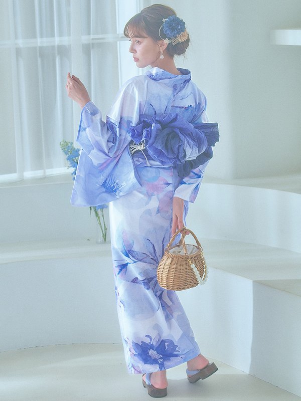 画像2: 【即日発送】水彩フラワーブルー浴衣【浴衣３点セット 浴衣/帯/下駄】[YMT] (2)
