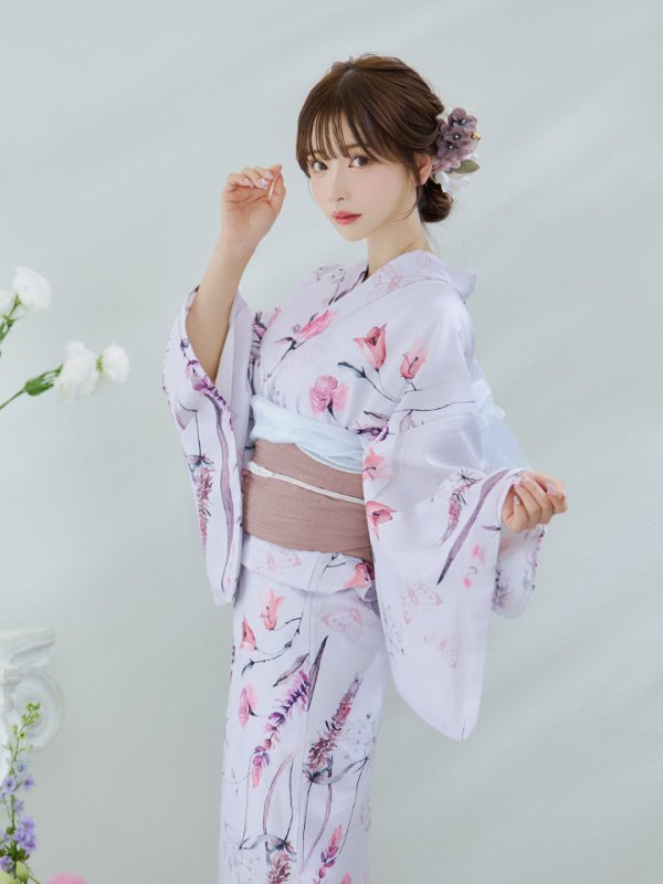画像2: 【即日発送】【Riuコラボ】ボタニカルフラワーと蝶々の浴衣【浴衣３点セット 浴衣/帯/下駄】[yo/YMT] (2)