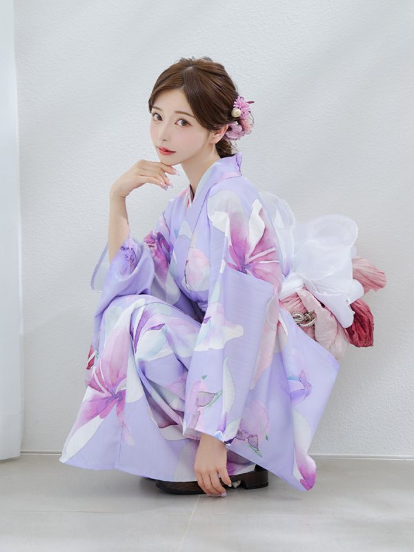 画像12: 【即日発送】【Riuコラボ】パープル地に咲く百合浴衣【浴衣３点セット 浴衣/帯/下駄】[yo/YMT] (12)