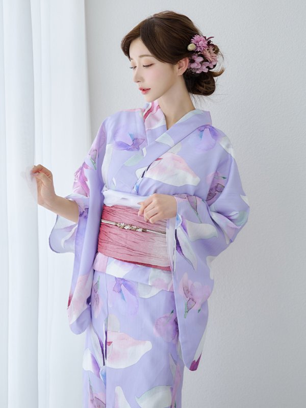 画像2: 【即日発送】【Riuコラボ】パープル地に咲く百合浴衣【浴衣３点セット 浴衣/帯/下駄】[yo/YMT] (2)