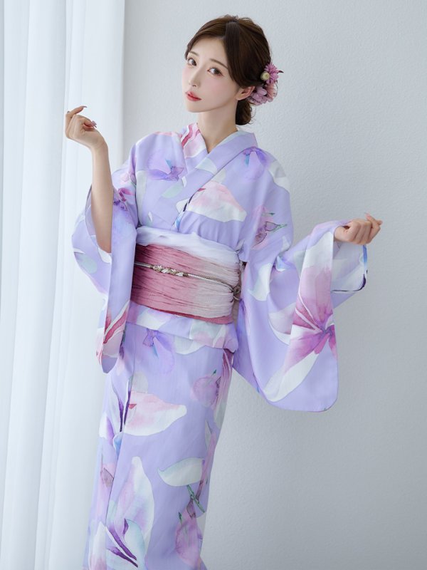 画像8: 【即日発送】【Riuコラボ】パープル地に咲く百合浴衣【浴衣３点セット 浴衣/帯/下駄】[yo/YMT] (8)
