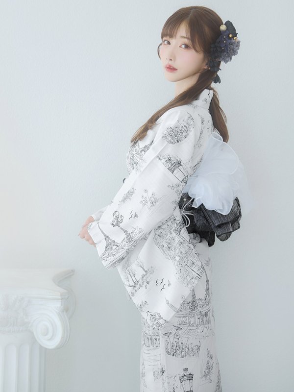 画像12: 【即日発送】【Riuコラボ】白地×パリの街浴衣【浴衣３点セット 浴衣/帯/下駄】[yo/YMT] (12)