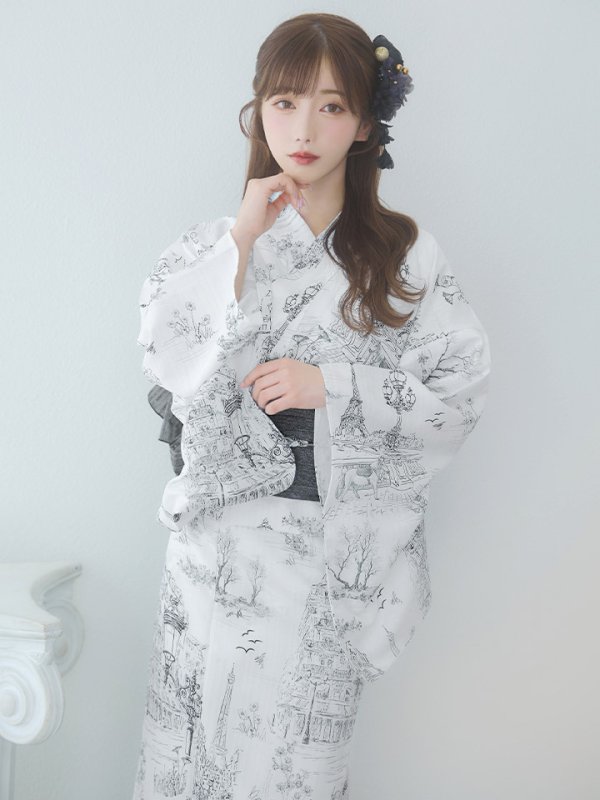 画像14: 【即日発送】【Riuコラボ】白地×パリの街浴衣【浴衣３点セット 浴衣/帯/下駄】[yo/YMT] (14)