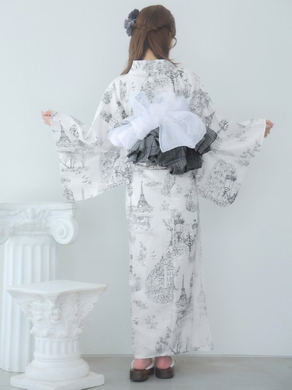 画像18: 【即日発送】【Riuコラボ】白地×パリの街浴衣【浴衣３点セット 浴衣/帯/下駄】[yo/YMT] (18)