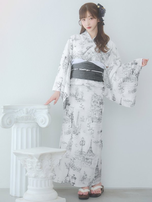 画像2: 【即日発送】【Riuコラボ】白地×パリの街浴衣【浴衣３点セット 浴衣/帯/下駄】[yo/YMT] (2)