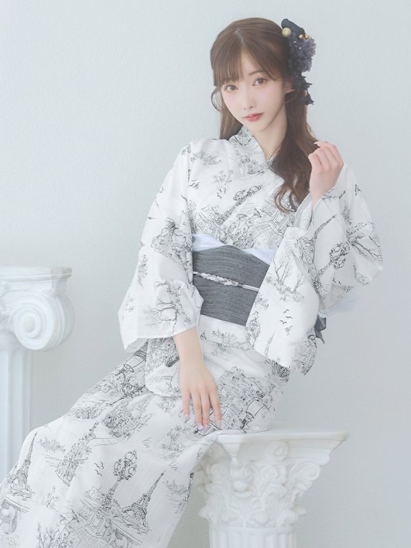 画像3: 【即日発送】【Riuコラボ】白地×パリの街浴衣【浴衣３点セット 浴衣/帯/下駄】[yo/YMT] (3)