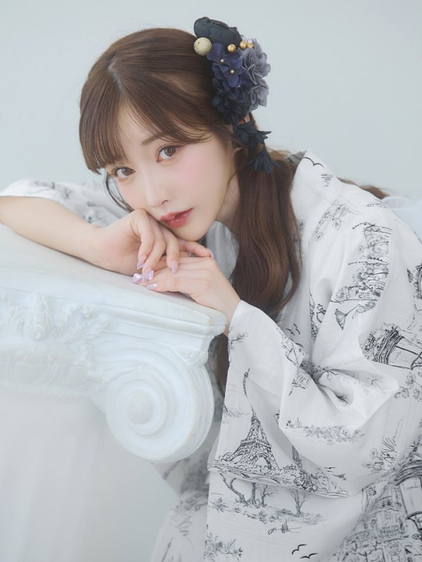 画像5: 【即日発送】【Riuコラボ】白地×パリの街浴衣【浴衣３点セット 浴衣/帯/下駄】[yo/YMT] (5)