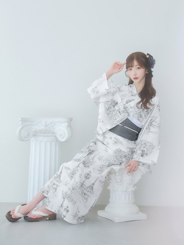 画像8: 【即日発送】【Riuコラボ】白地×パリの街浴衣【浴衣３点セット 浴衣/帯/下駄】[yo/YMT] (8)